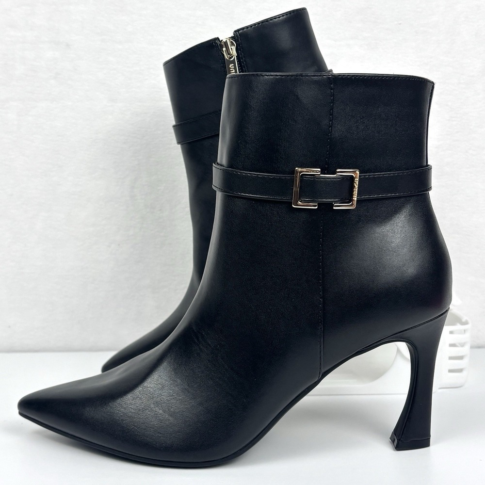 Unisa Women’s 9.5M Black Pointed Toe Buckle Sculpted Flared Heel Ankle Boots